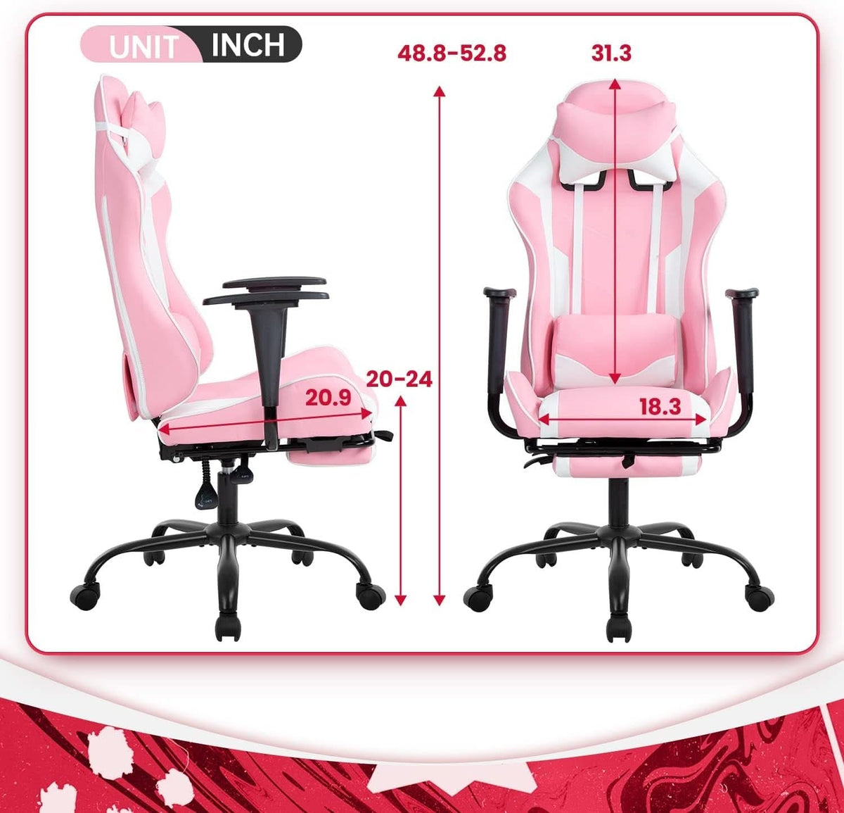 Pink PC Gaming Chair With Lumbar Support For Home Office