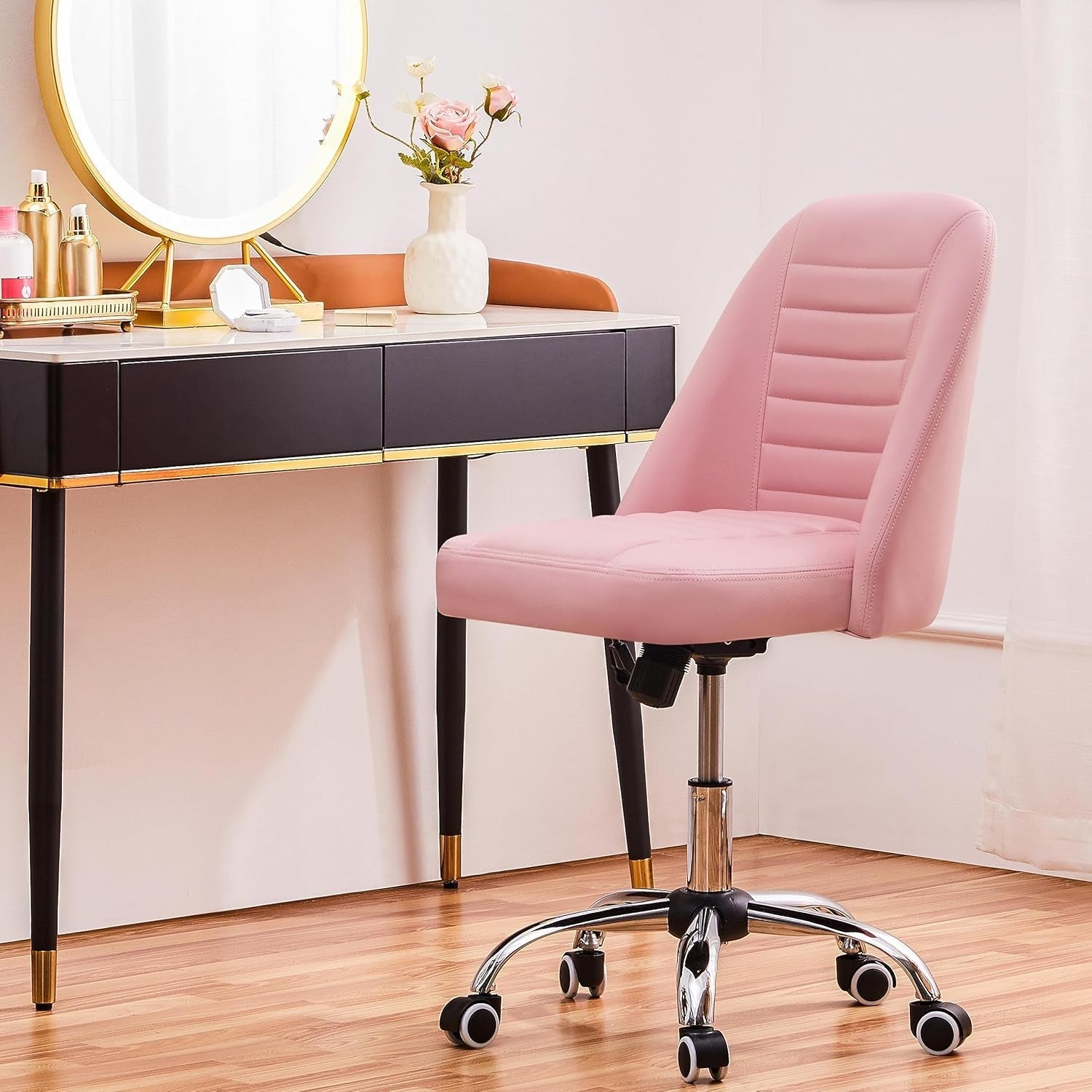 Pink PU Leather Armless Office Chair With Rolling Wheels