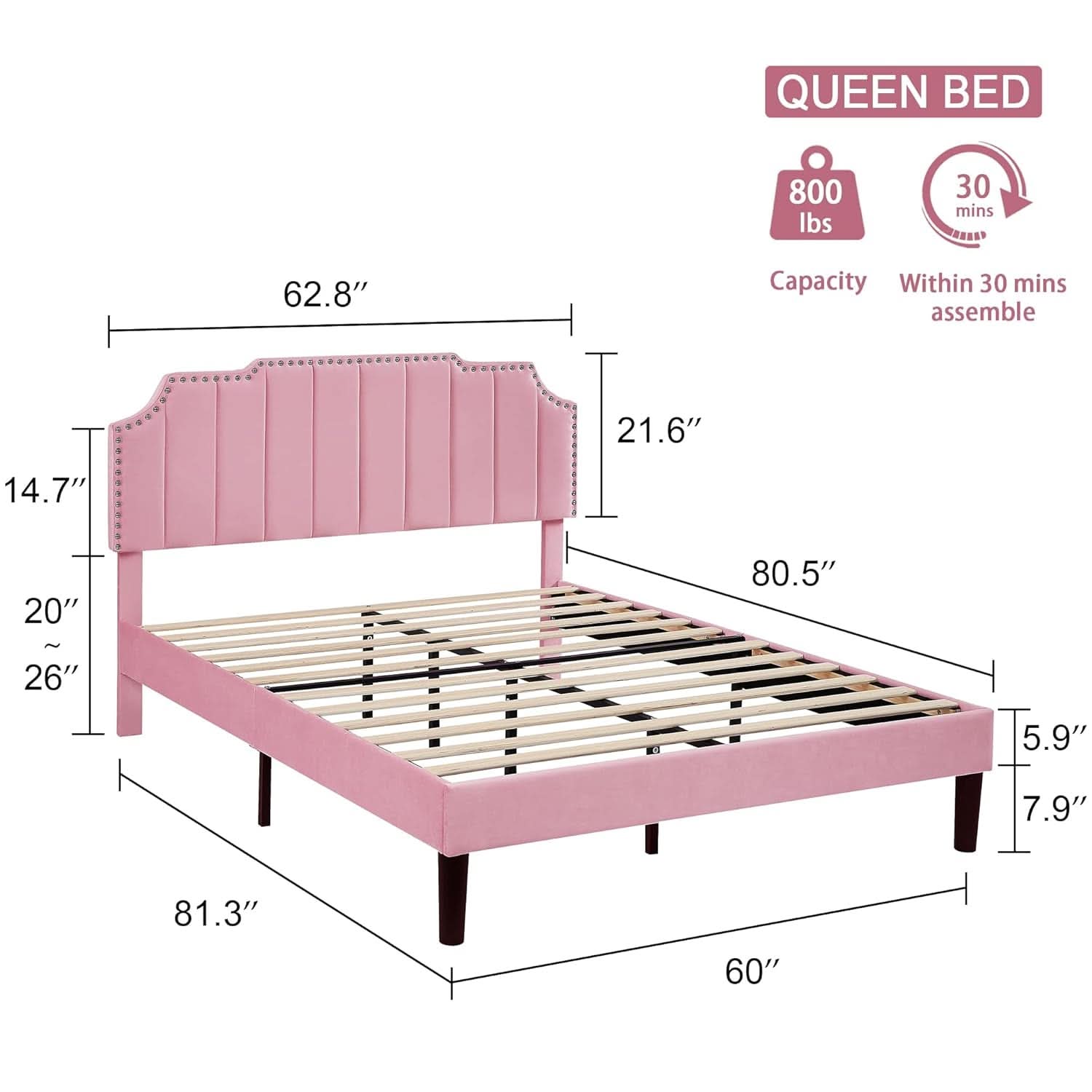 Pink Queen Platform Bed Frame With Tufted Headboard