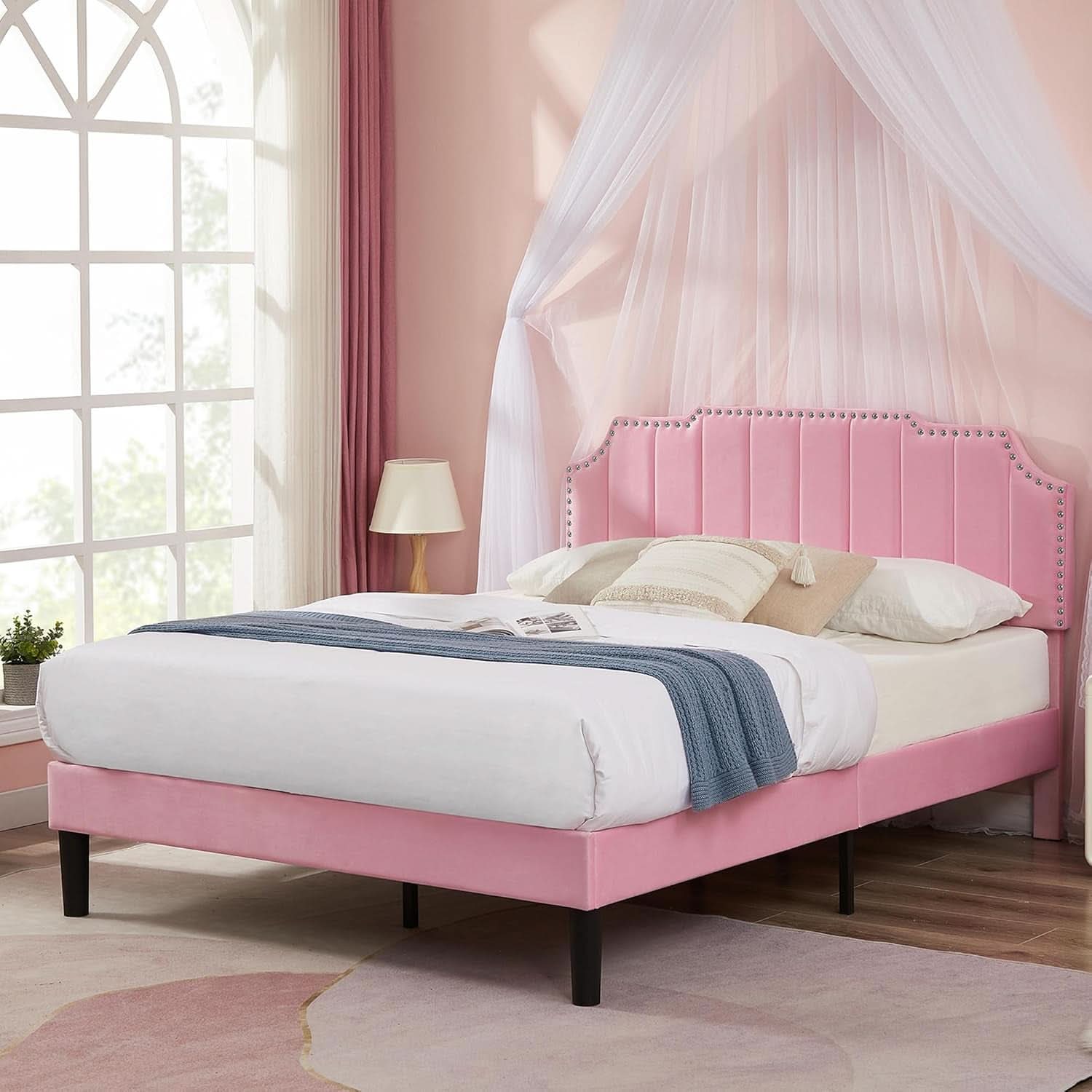 Pink Queen Platform Bed Frame With Tufted Headboard