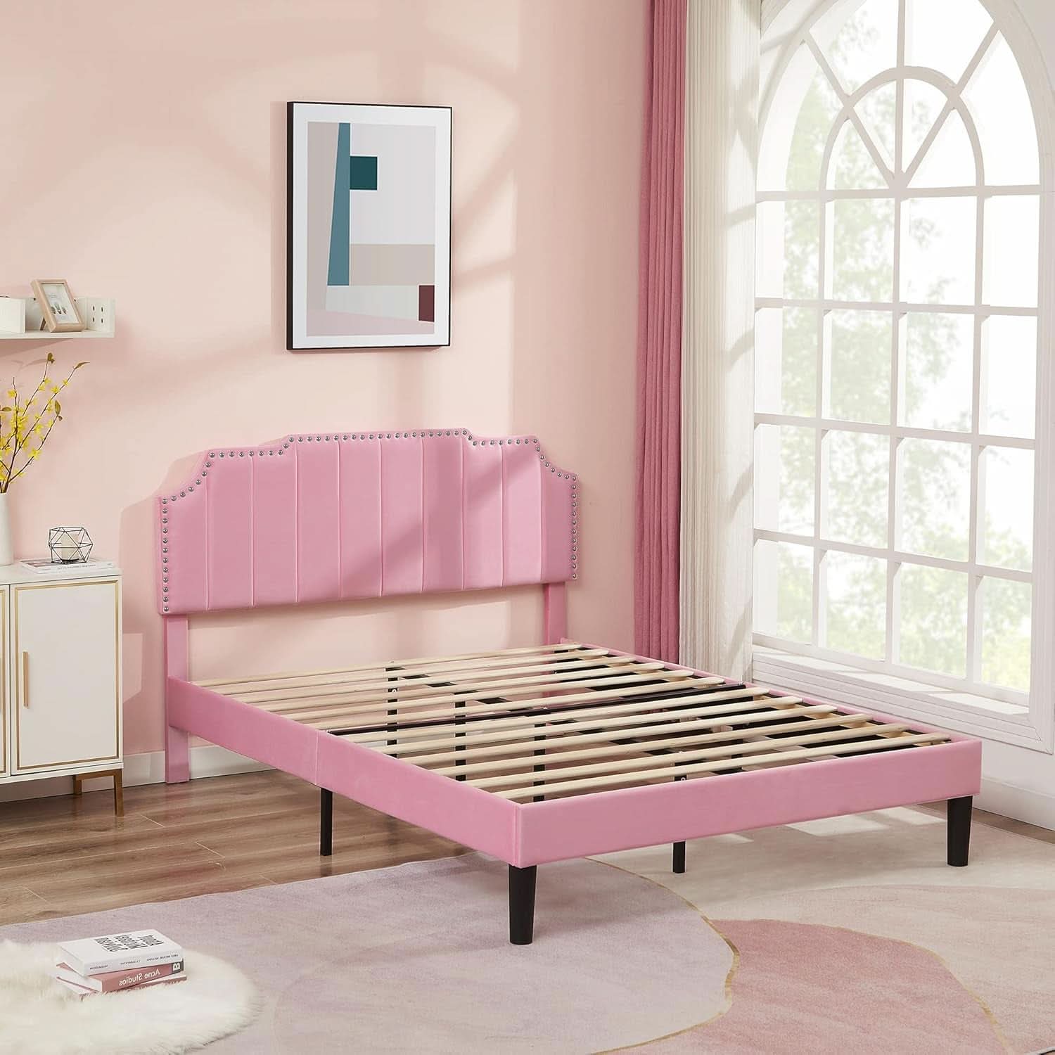 Pink Queen Platform Bed Frame With Tufted Headboard