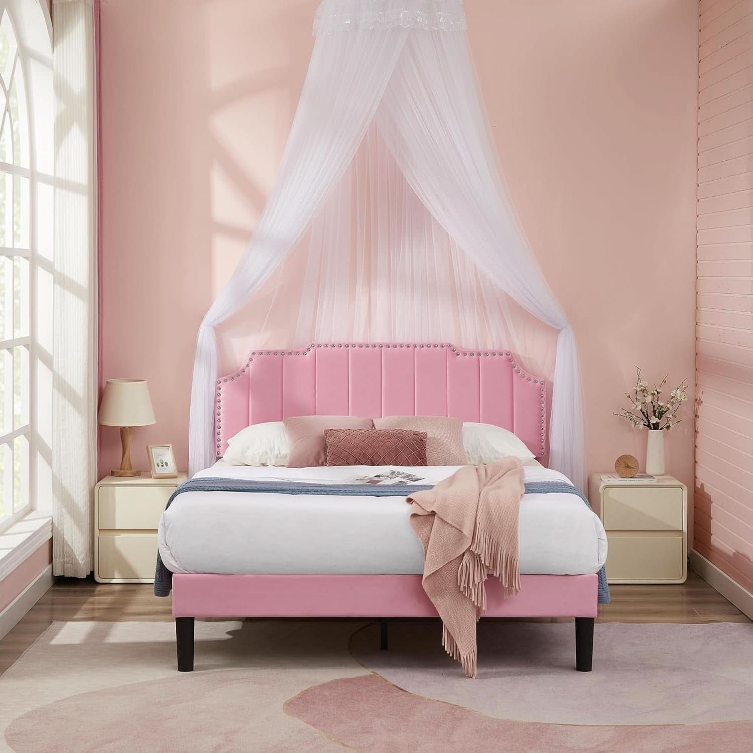 Pink Queen Platform Bed Frame With Tufted Headboard