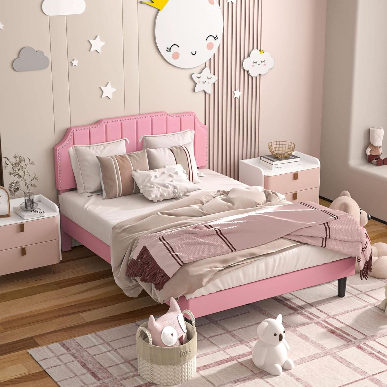 Pink Queen Platform Bed Frame With Tufted Headboard
