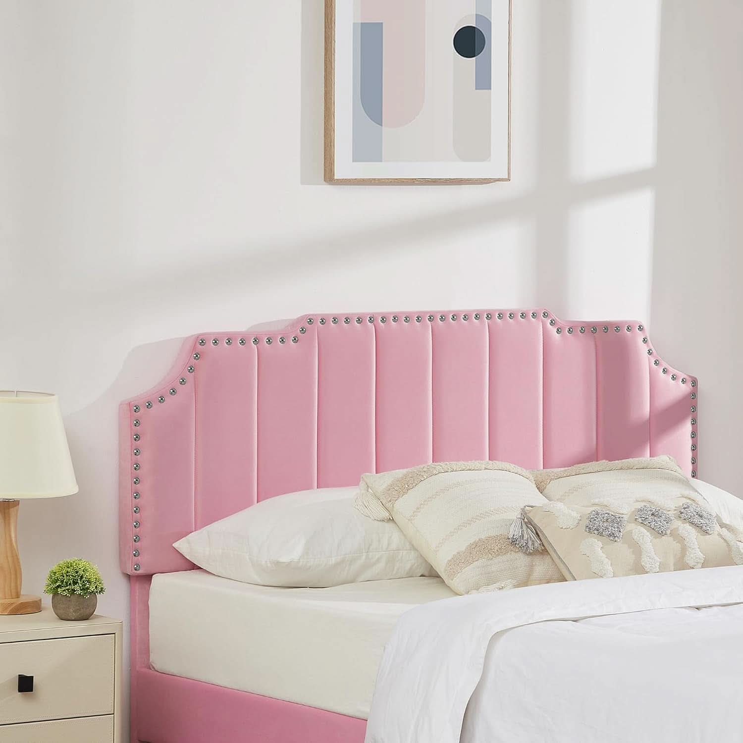 Pink Queen Platform Bed Frame With Tufted Headboard