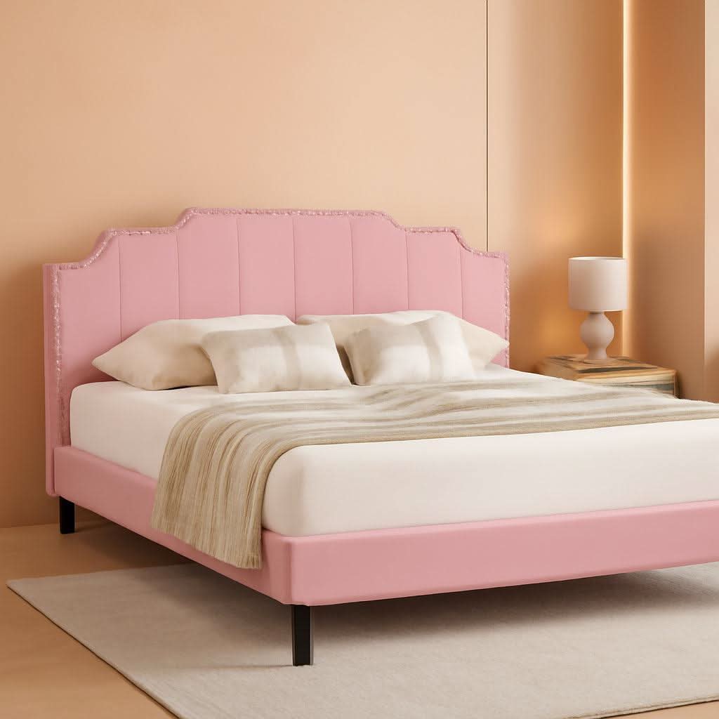 Pink Queen Platform Bed Frame With Tufted Headboard