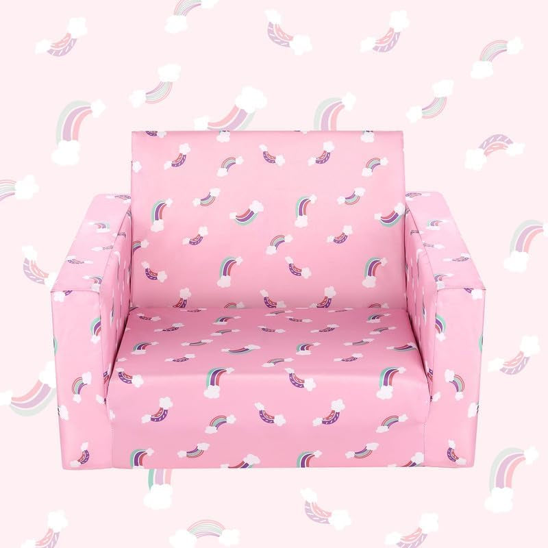 Pink Rainbow Kids Convertible Sofa Bed With Storage Pockets