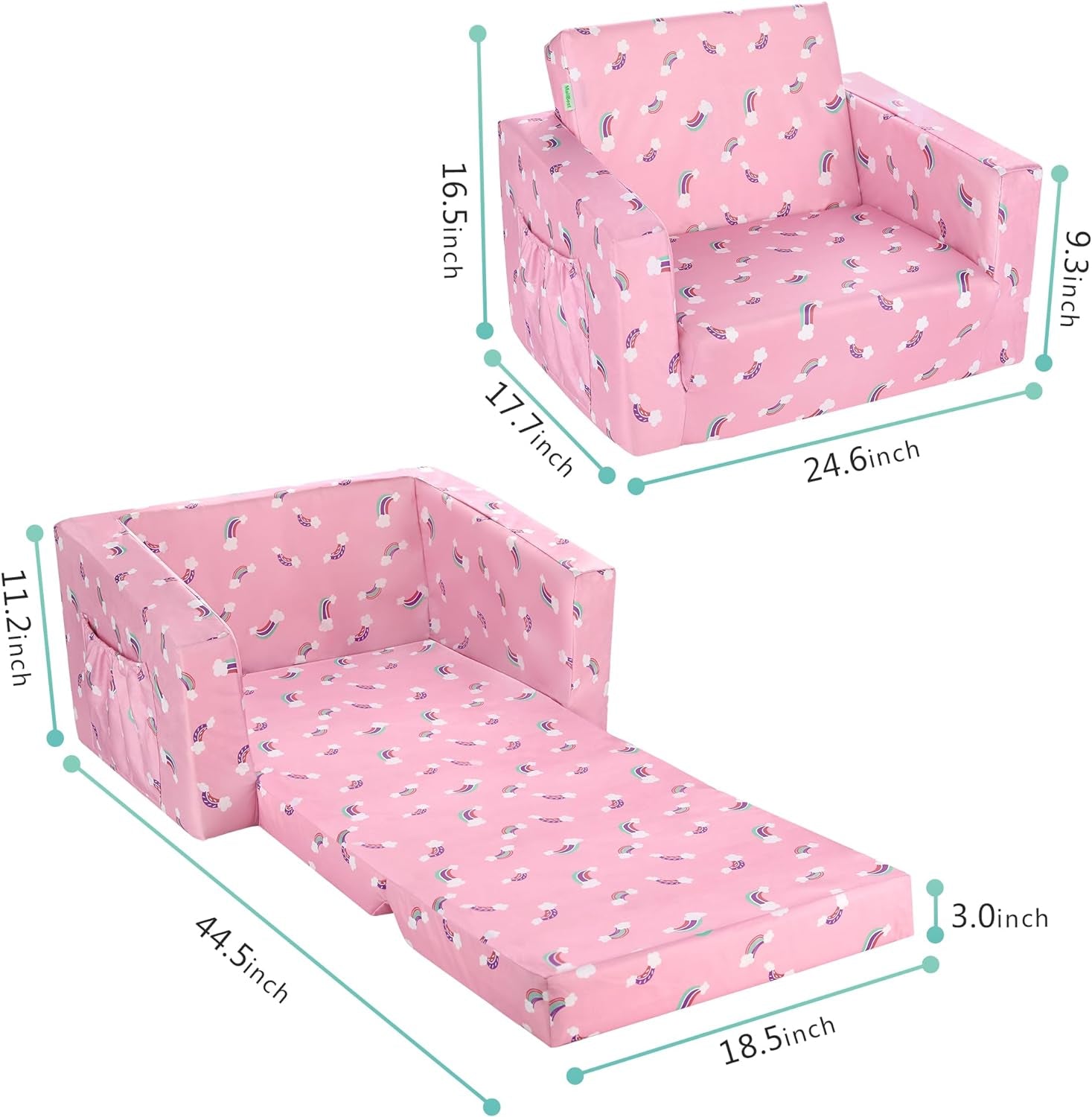Pink Rainbow Kids Convertible Sofa Bed With Storage Pockets