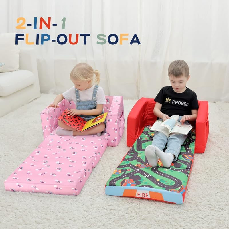 Pink Rainbow Kids Convertible Sofa Bed With Storage Pockets