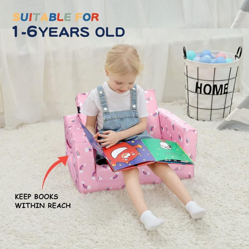Pink Rainbow Kids Convertible Sofa Bed With Storage Pockets