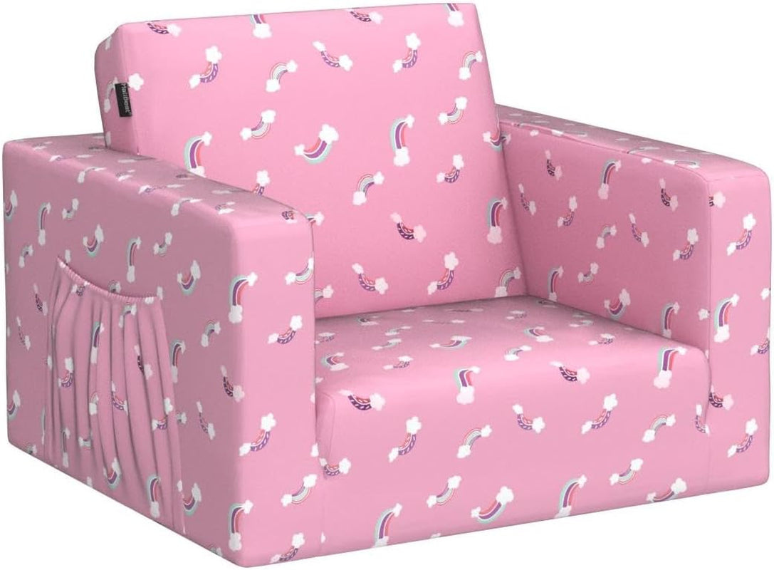 Pink Rainbow Kids Convertible Sofa Bed With Storage Pockets