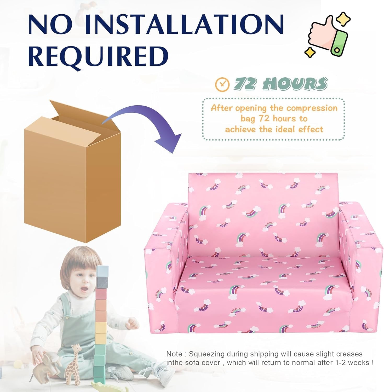 Pink Rainbow Kids Convertible Sofa Bed With Storage Pockets