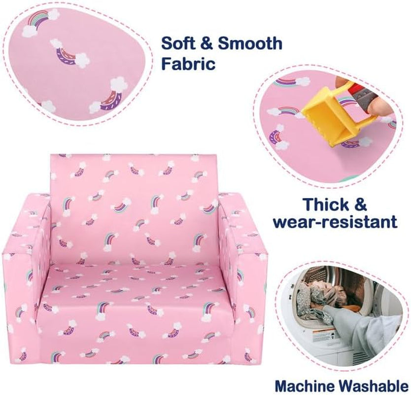 Pink Rainbow Kids Convertible Sofa Bed With Storage Pockets