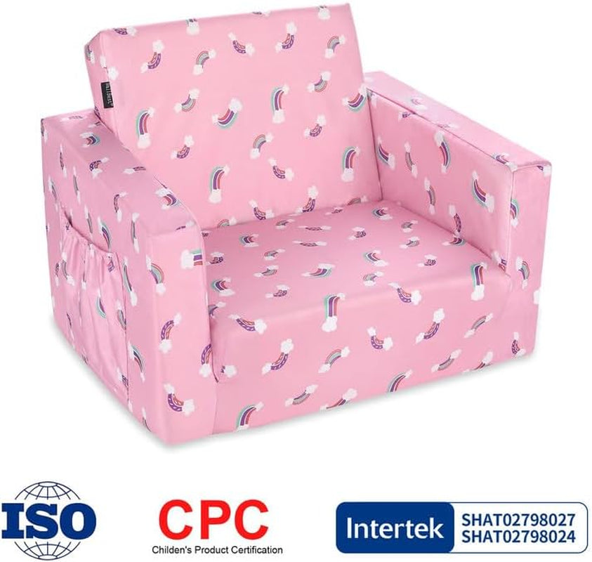 Pink Rainbow Kids Convertible Sofa Bed With Storage Pockets