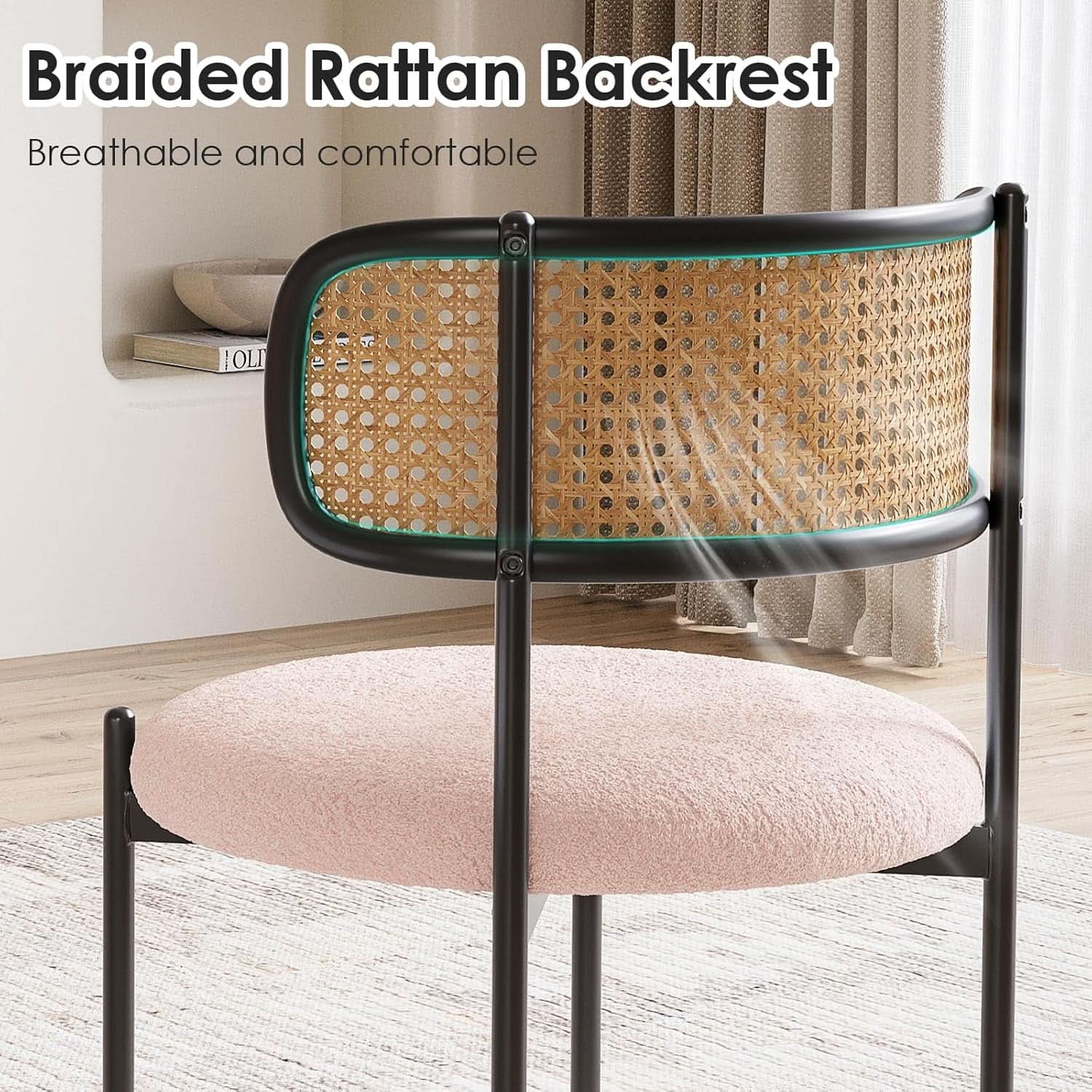 Pink Rattan Back Dining Chairs Set Of 4 Sherpa Cushions