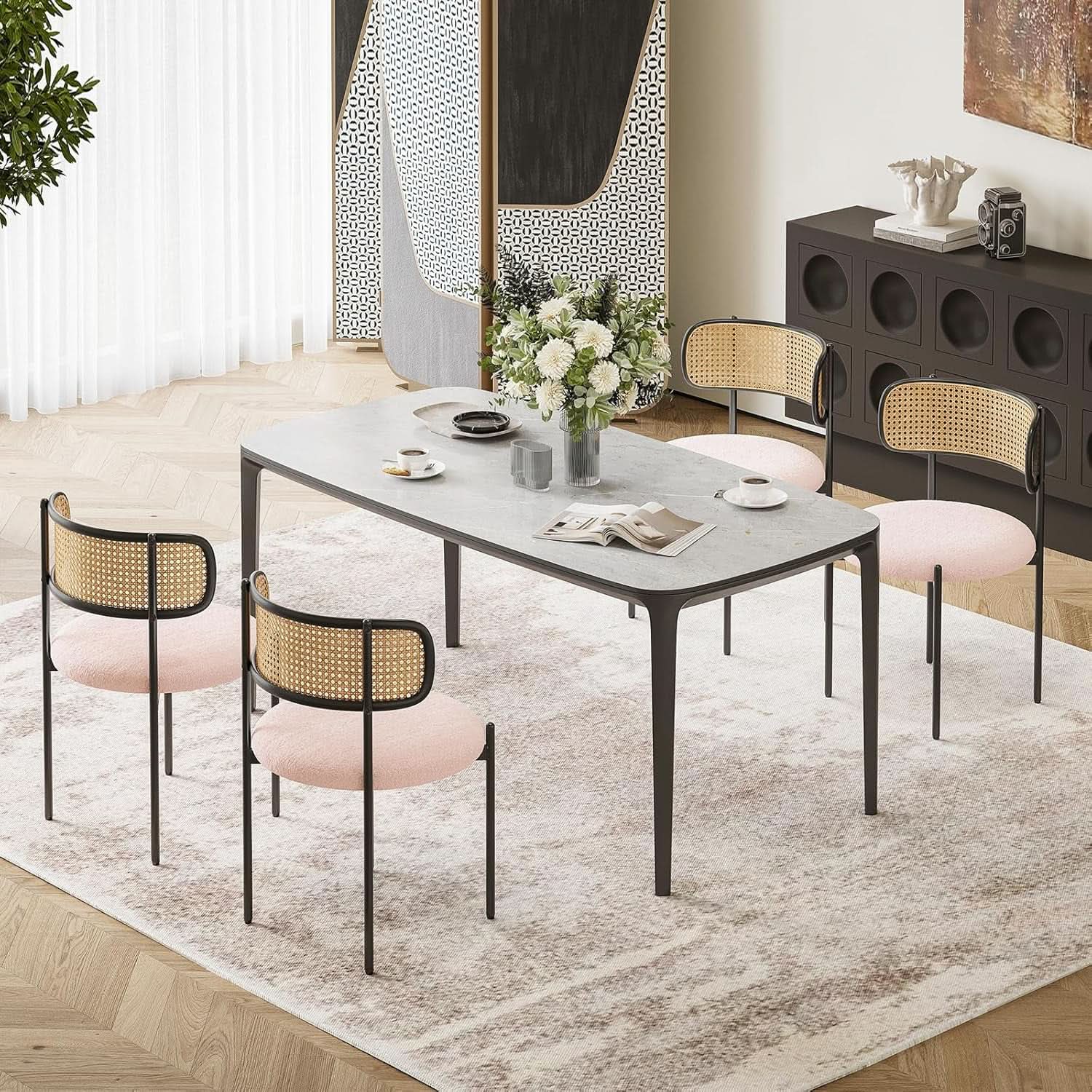 Pink Rattan Back Dining Chairs Set Of 4 Sherpa Cushions