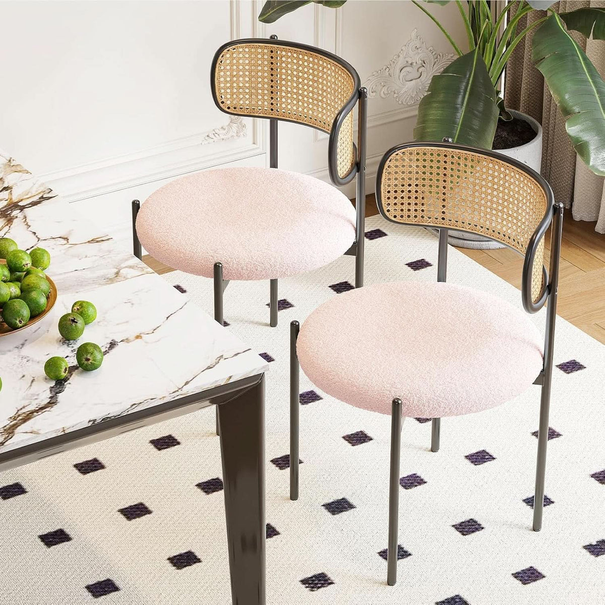 Pink Rattan Back Dining Chairs Set Of 4 Sherpa Cushions