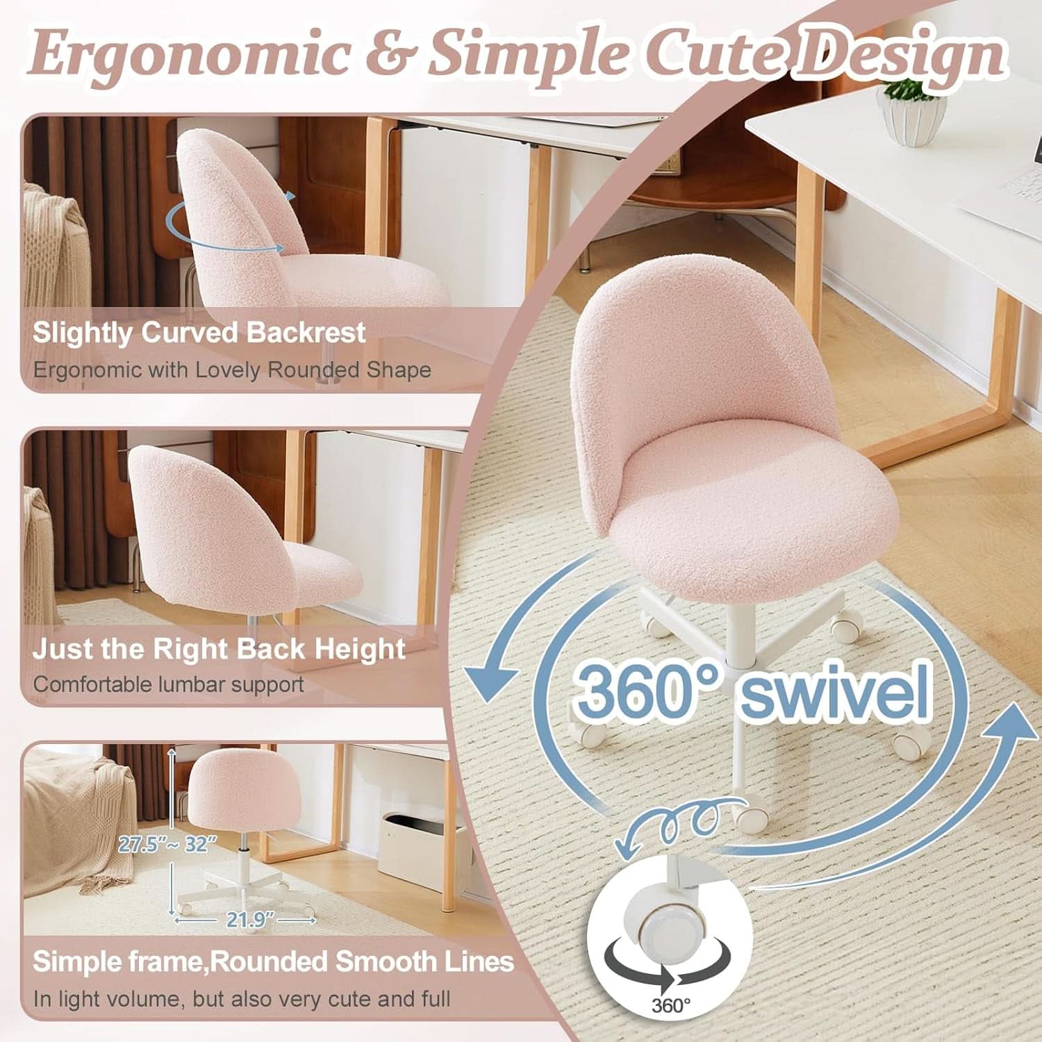 Pink Teddy Desk Chair With Lumbar Support And Wheels