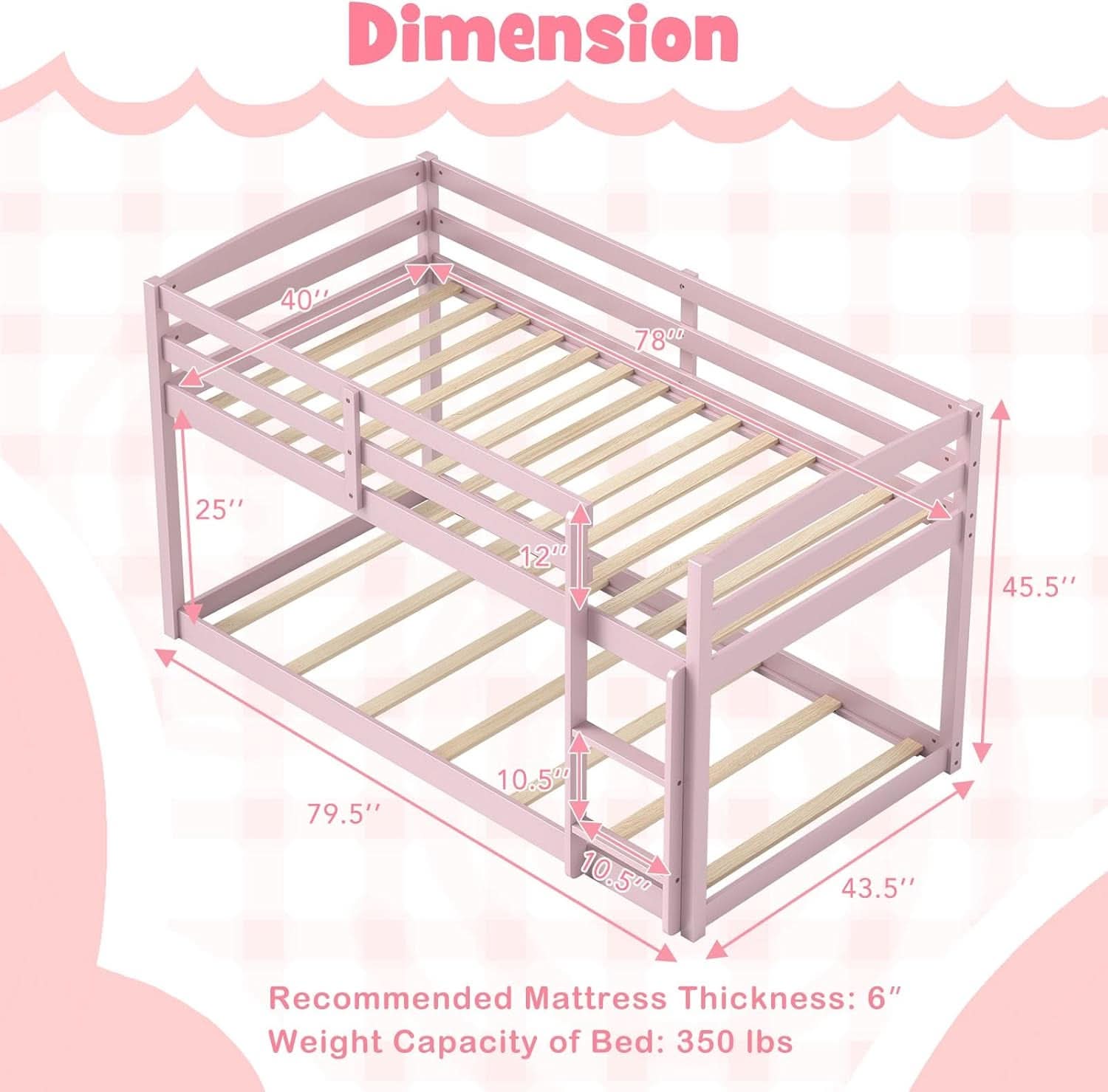 Pink Twin Over Twin Bunk Bed With Ladder For Kids And Teens