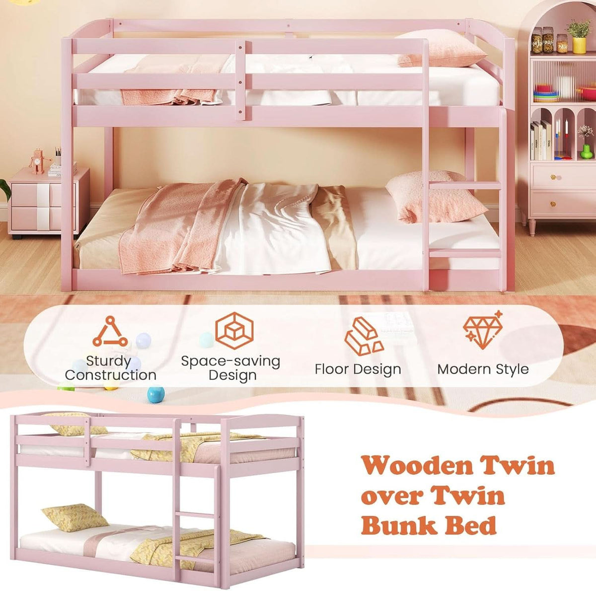 Pink Twin Over Twin Bunk Bed With Ladder For Kids And Teens