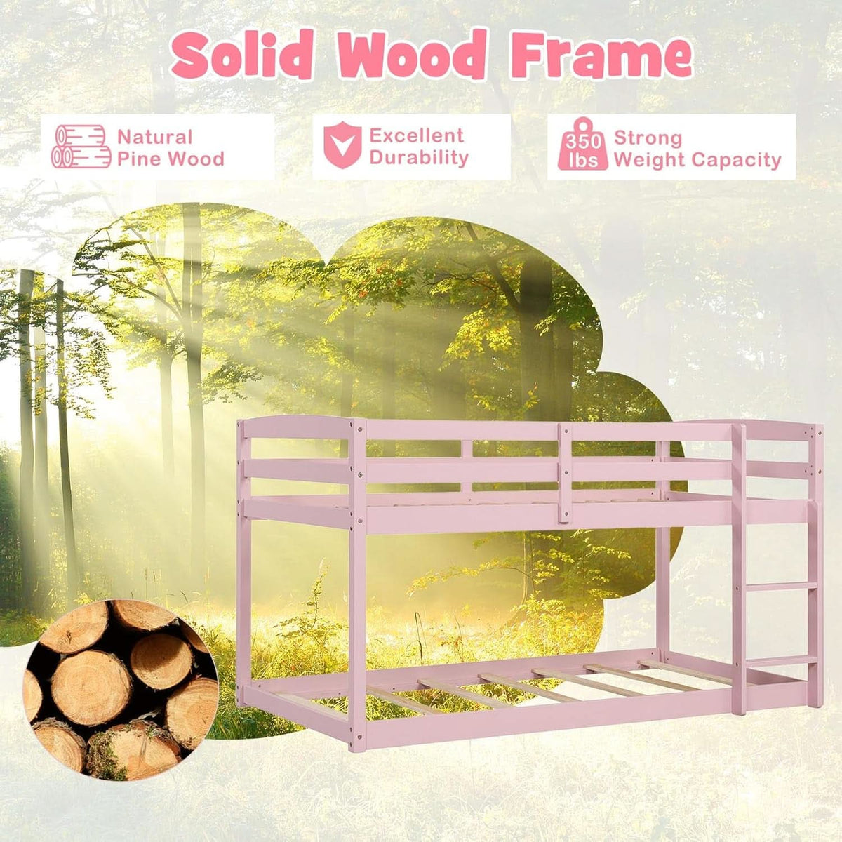 Pink Twin Over Twin Bunk Bed With Ladder For Kids And Teens