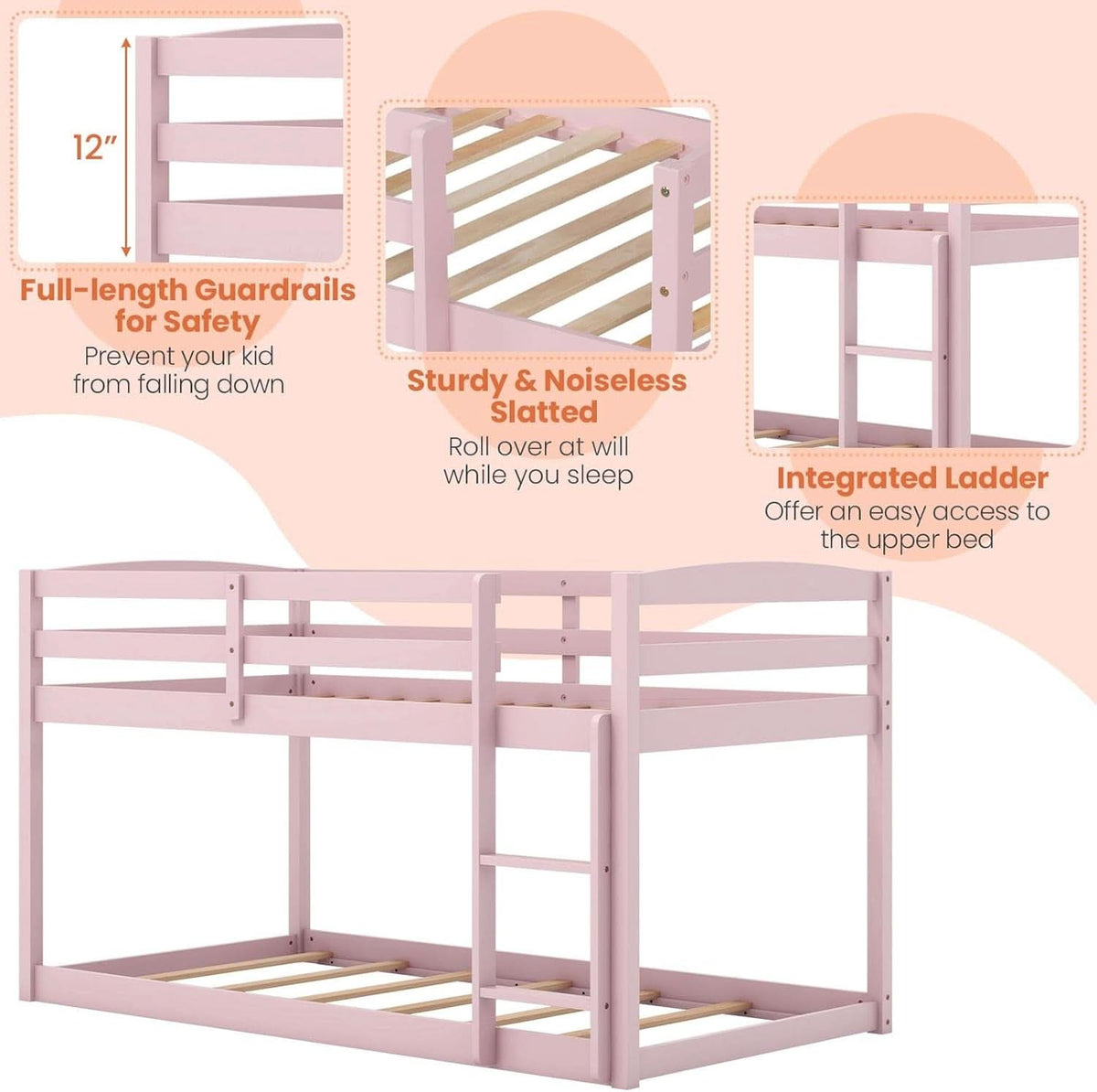 Pink Twin Over Twin Bunk Bed With Ladder For Kids And Teens