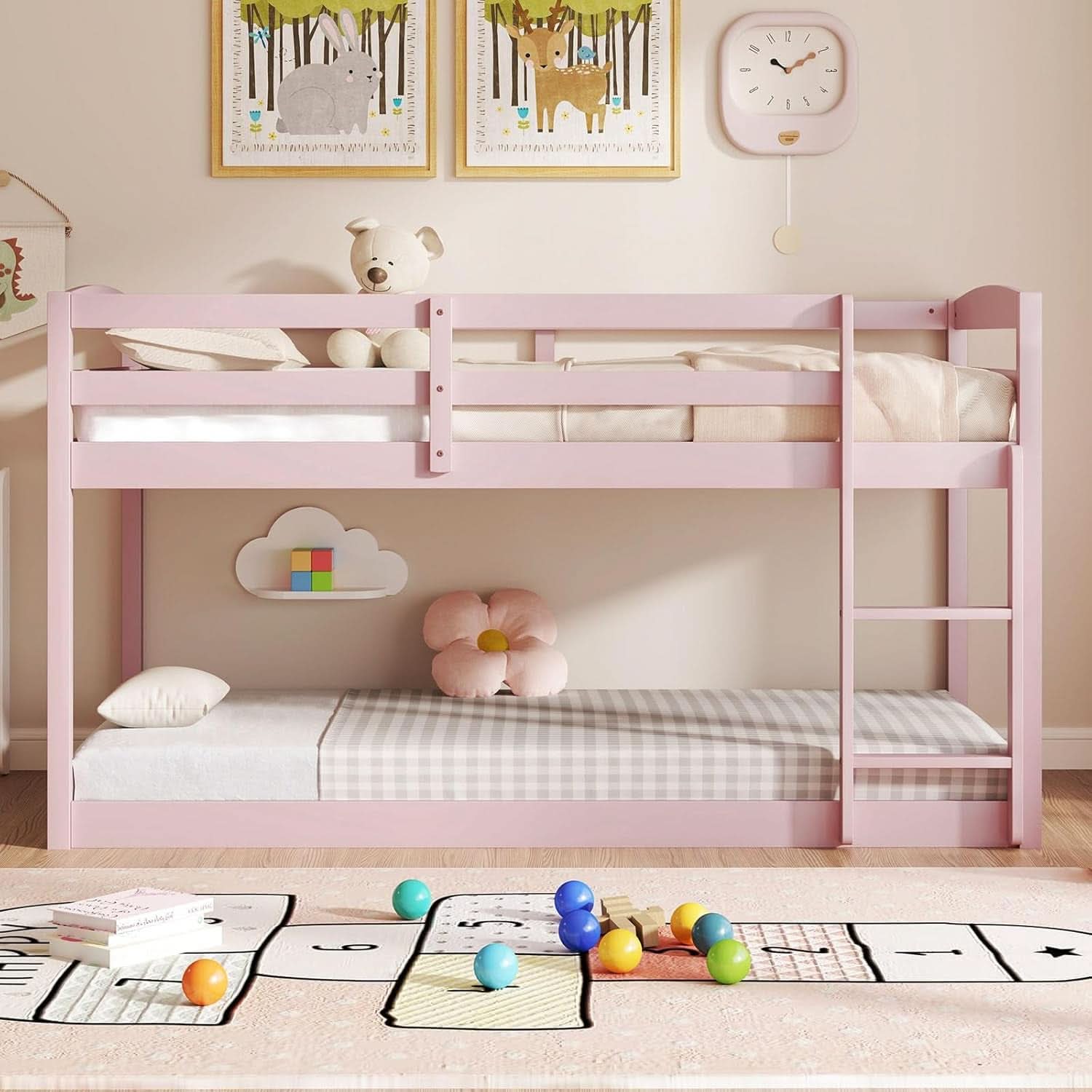 Pink Twin Over Twin Bunk Bed With Ladder For Kids And Teens