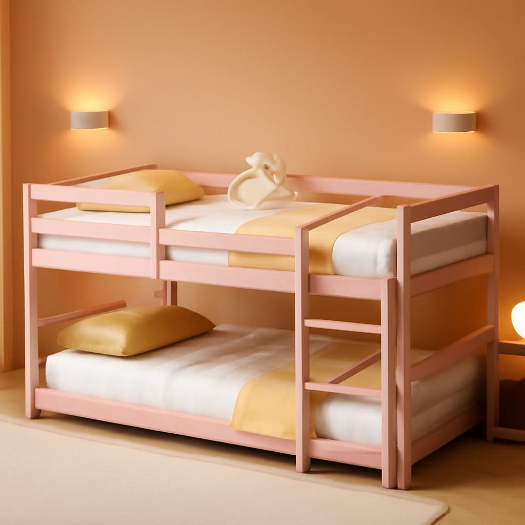 Pink Twin Over Twin Bunk Bed With Ladder For Kids And Teens