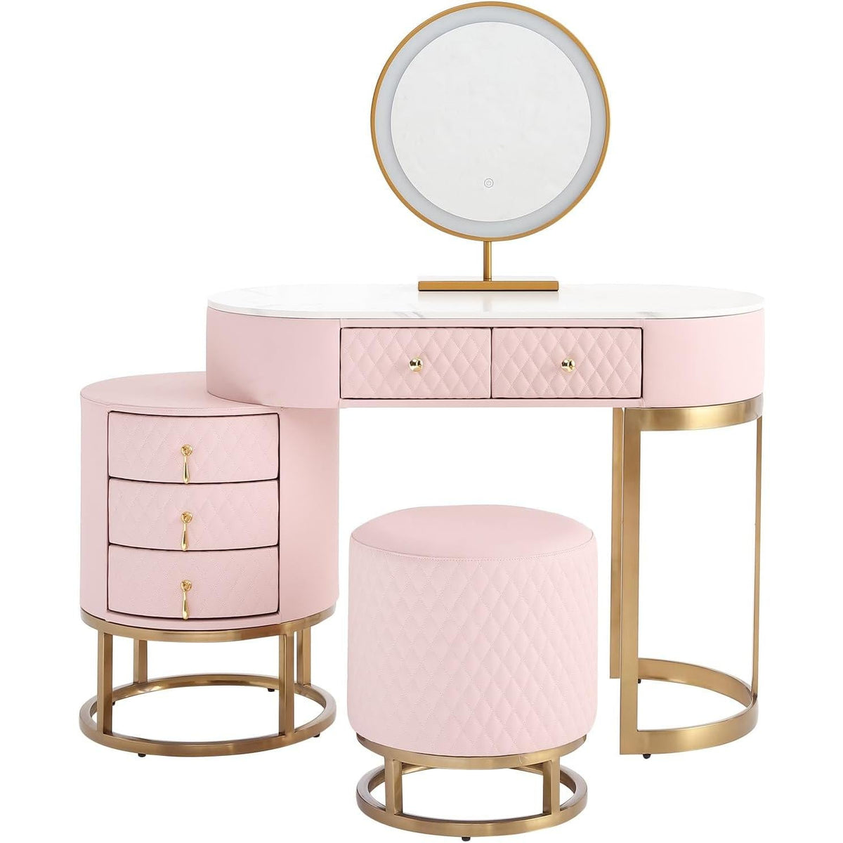 Pink Vanity Desk Set With LED Mirror And Storage Stool