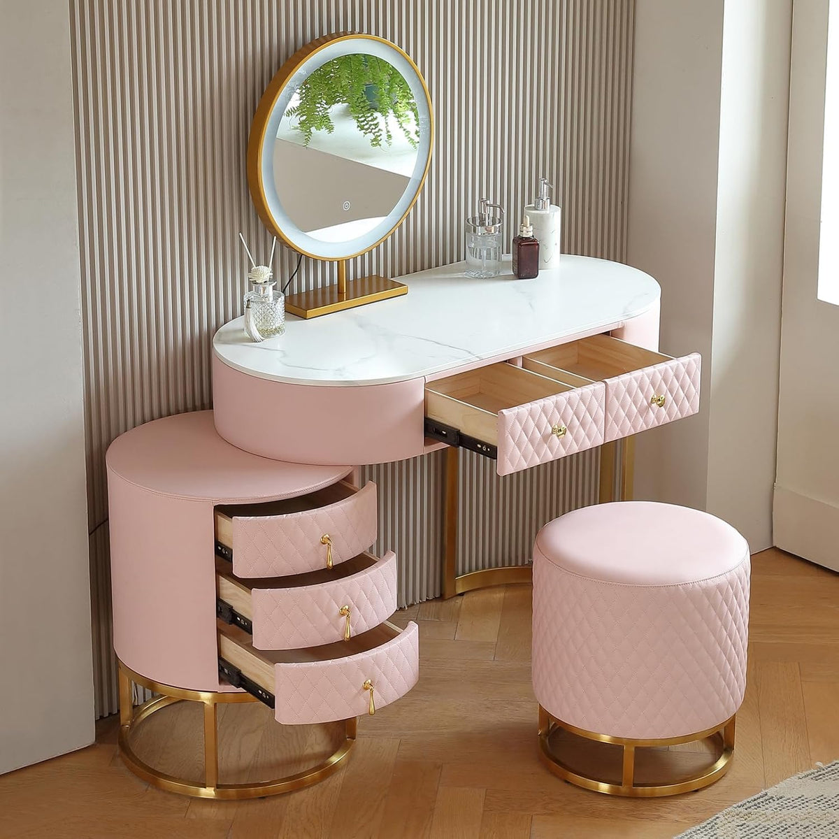 Pink Vanity Desk Set With LED Mirror And Storage Stool