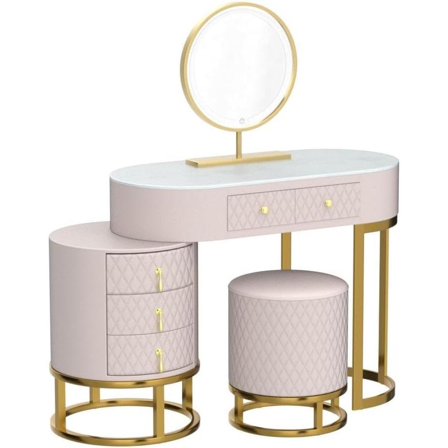 Pink Vanity Desk Set With LED Mirror And Storage Stool