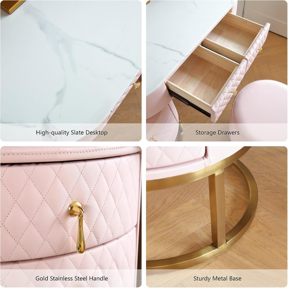 Pink Vanity Desk Set With LED Mirror And Storage Stool