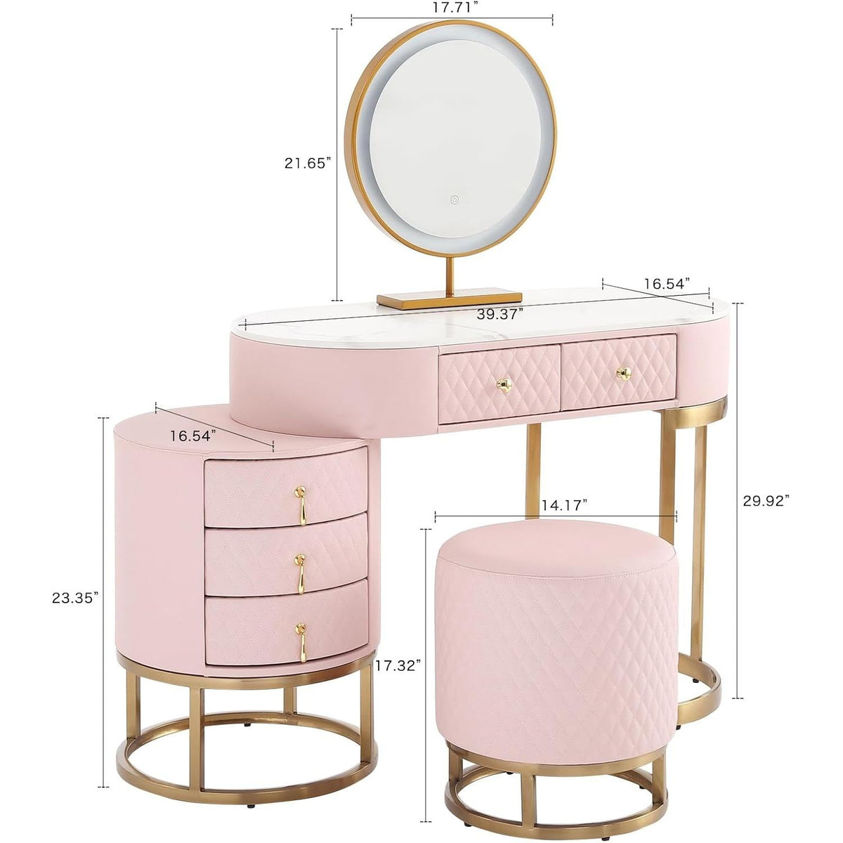 Pink Vanity Desk Set With LED Mirror And Storage Stool