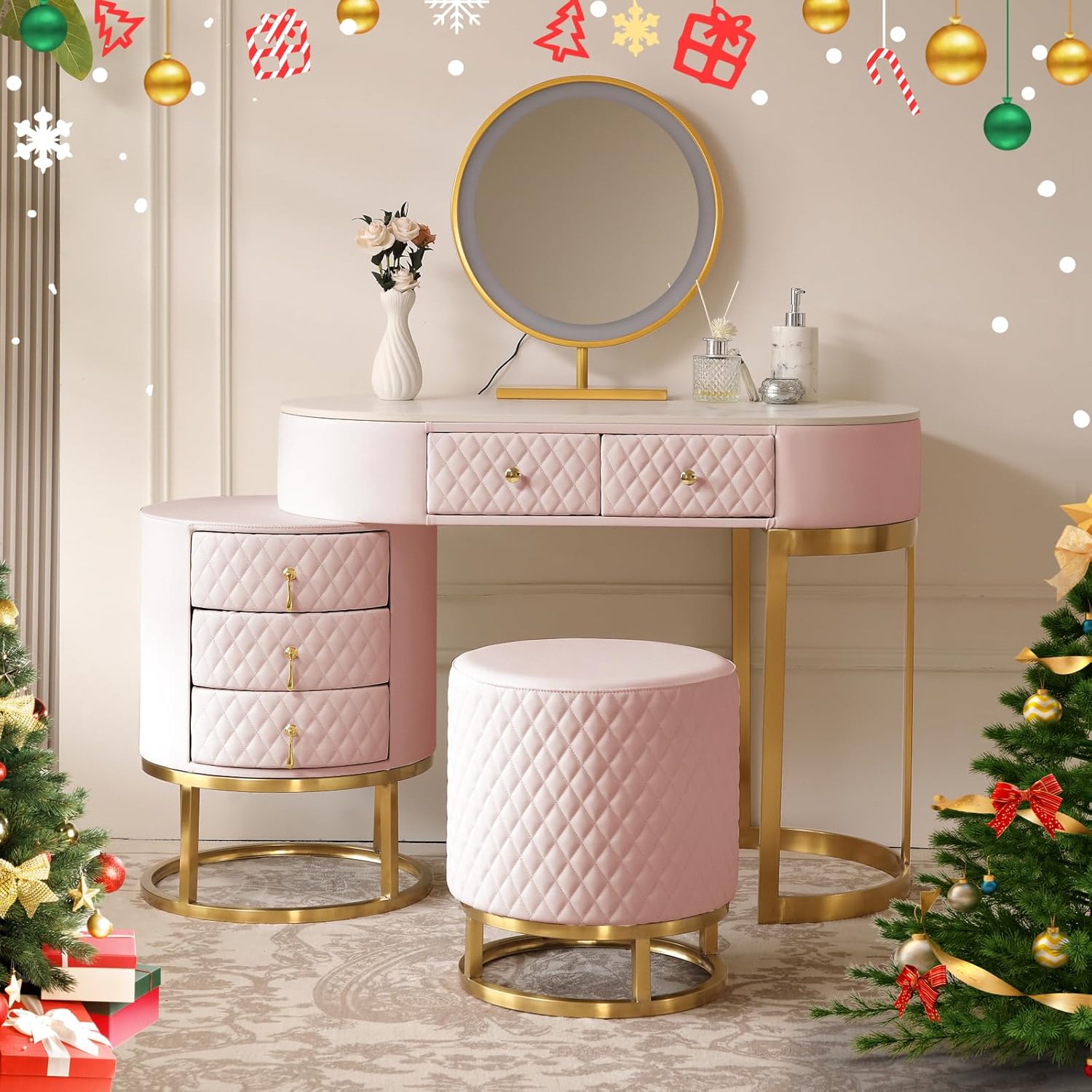 Pink Vanity Desk Set With LED Mirror And Storage Stool