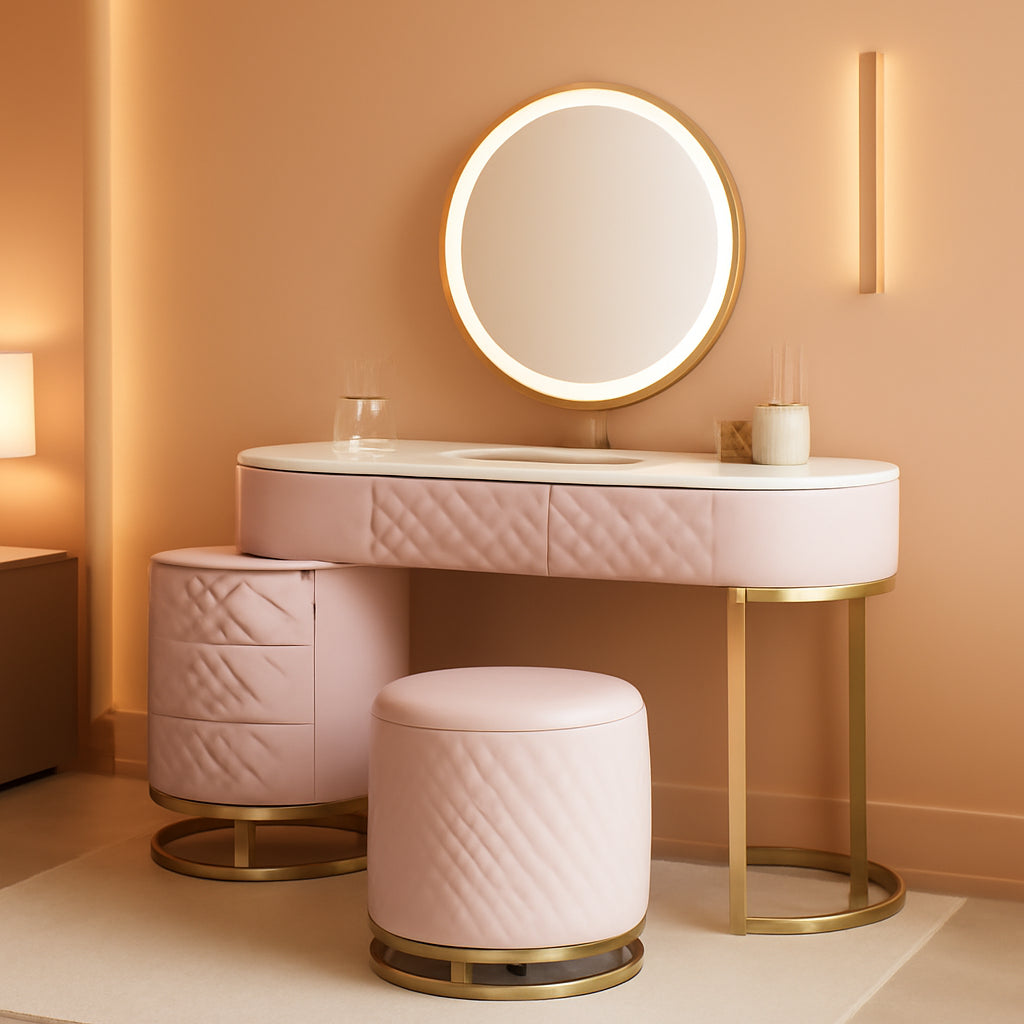 Pink Vanity Desk Set With LED Mirror And Storage Stool