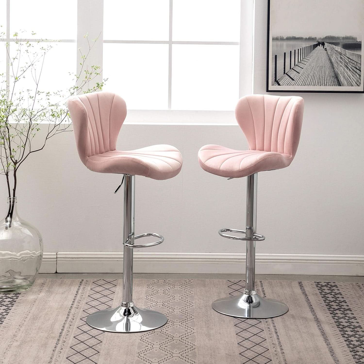 Pink Velvet Adjustable Swivel Barstools Set Of Two