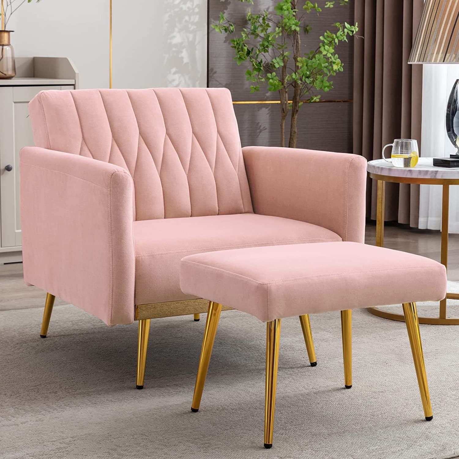 Pink Velvet Armchair With Ottoman And Armrests Modern