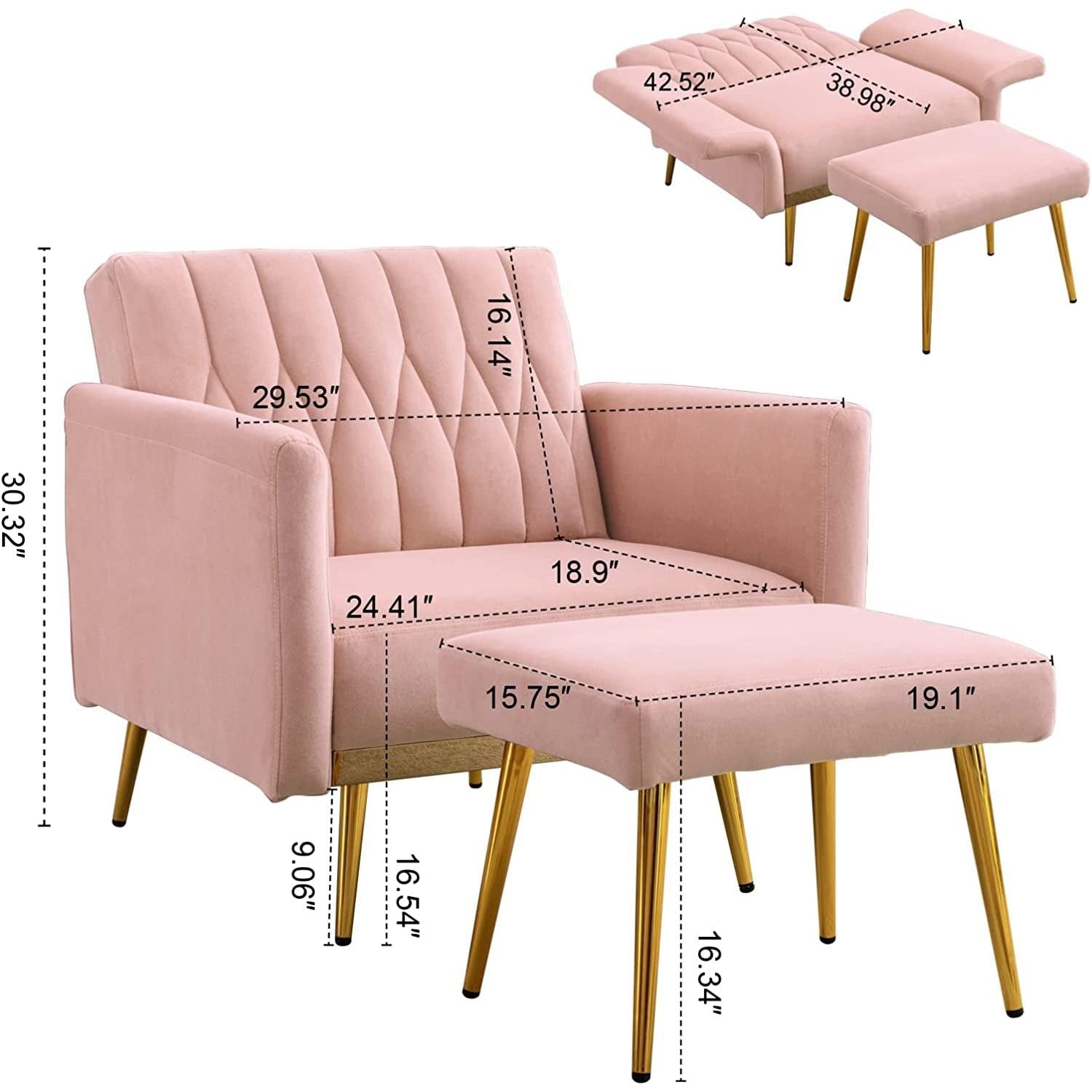 Pink Velvet Armchair With Ottoman And Armrests Modern