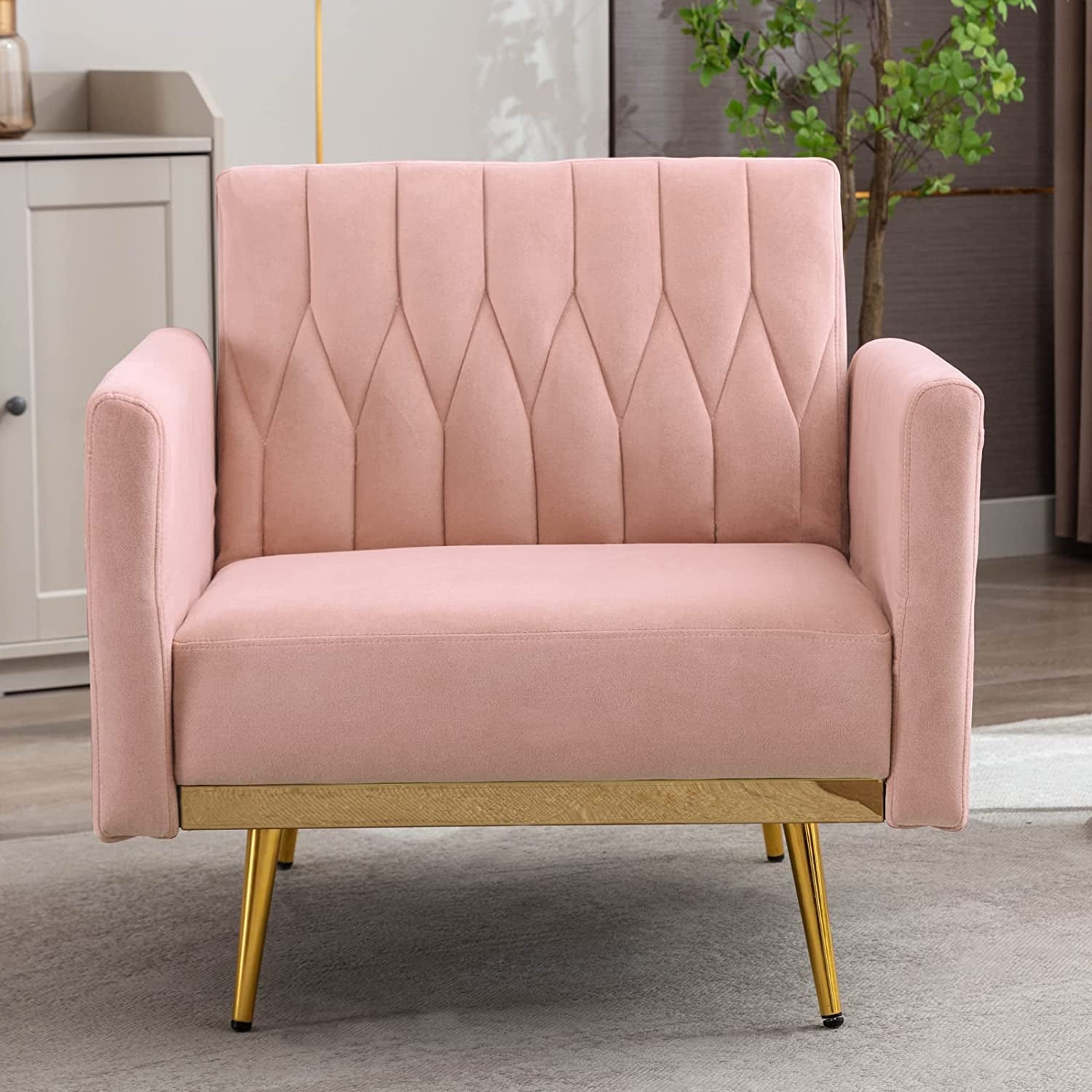 Pink Velvet Armchair With Ottoman And Armrests Modern