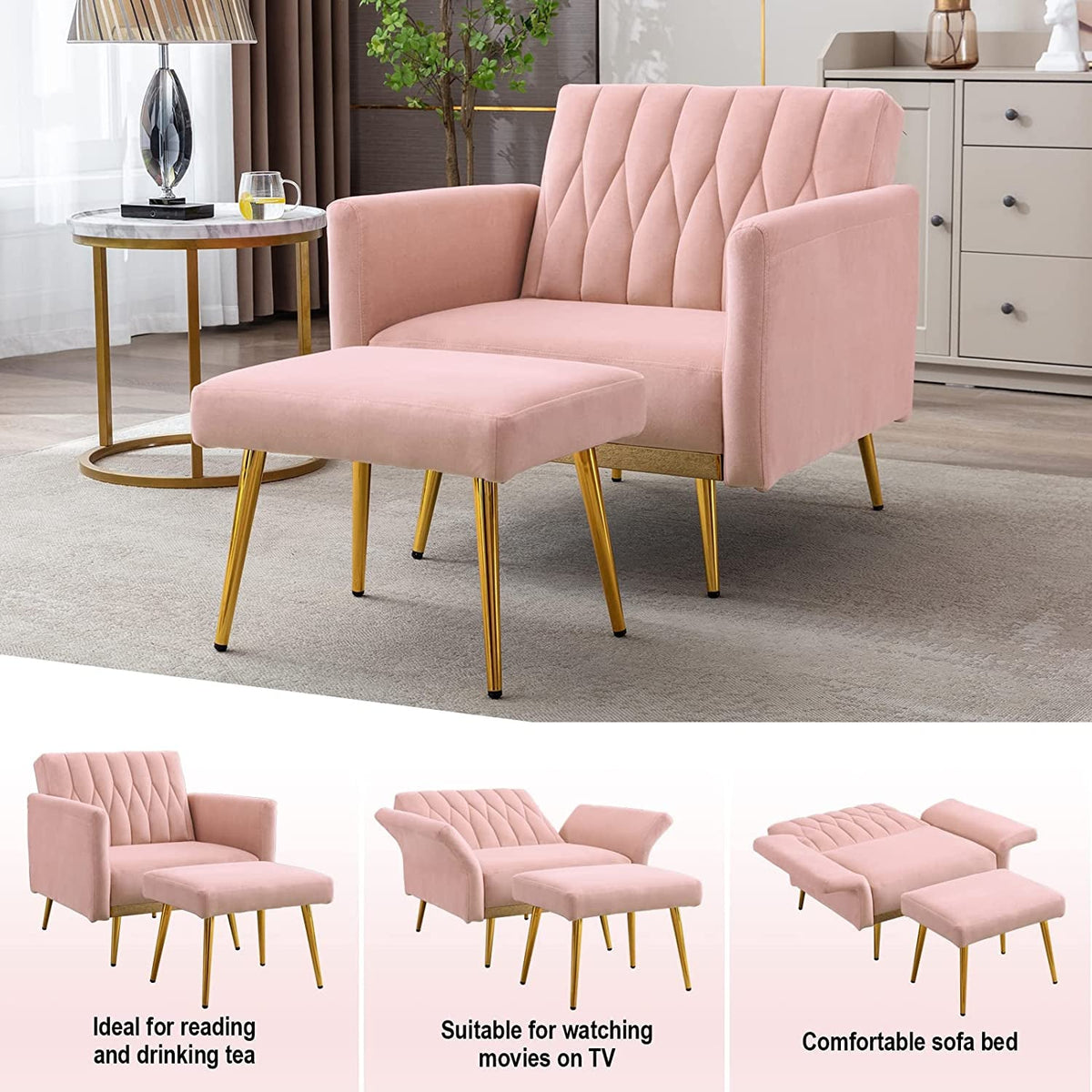 Pink Velvet Armchair With Ottoman And Armrests Modern