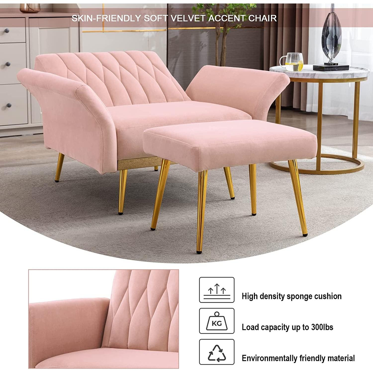 Pink Velvet Armchair With Ottoman And Armrests Modern