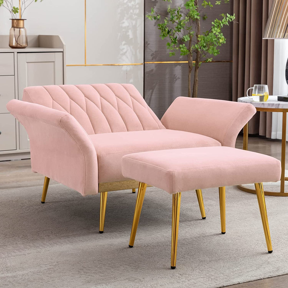Pink Velvet Armchair With Ottoman And Armrests Modern