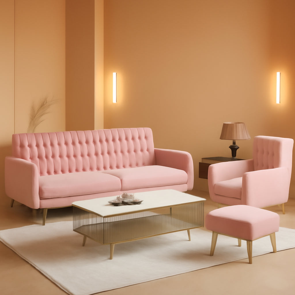 Pink Velvet Armchair With Ottoman And Armrests Modern