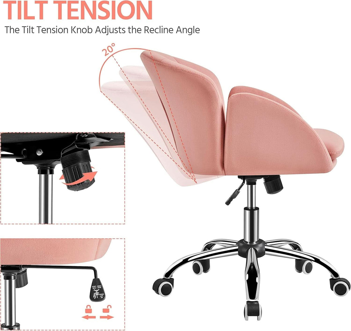 Pink Velvet Desk Chair With Wheels And Armrests Swivel Office Chair