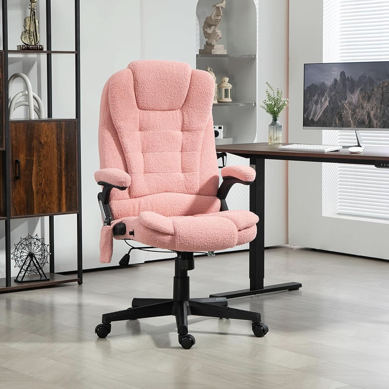 Pink Velvet Heated Massage Office Chair With Reclining Back