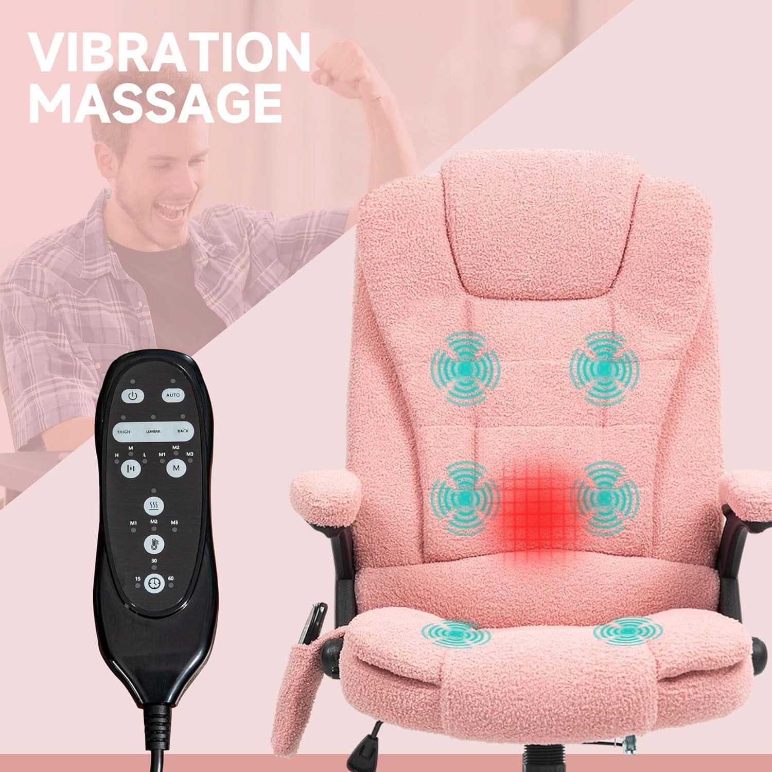 Pink Velvet Heated Massage Office Chair With Reclining Back