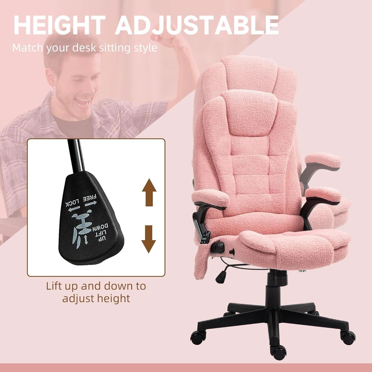 Pink Velvet Heated Massage Office Chair With Reclining Back