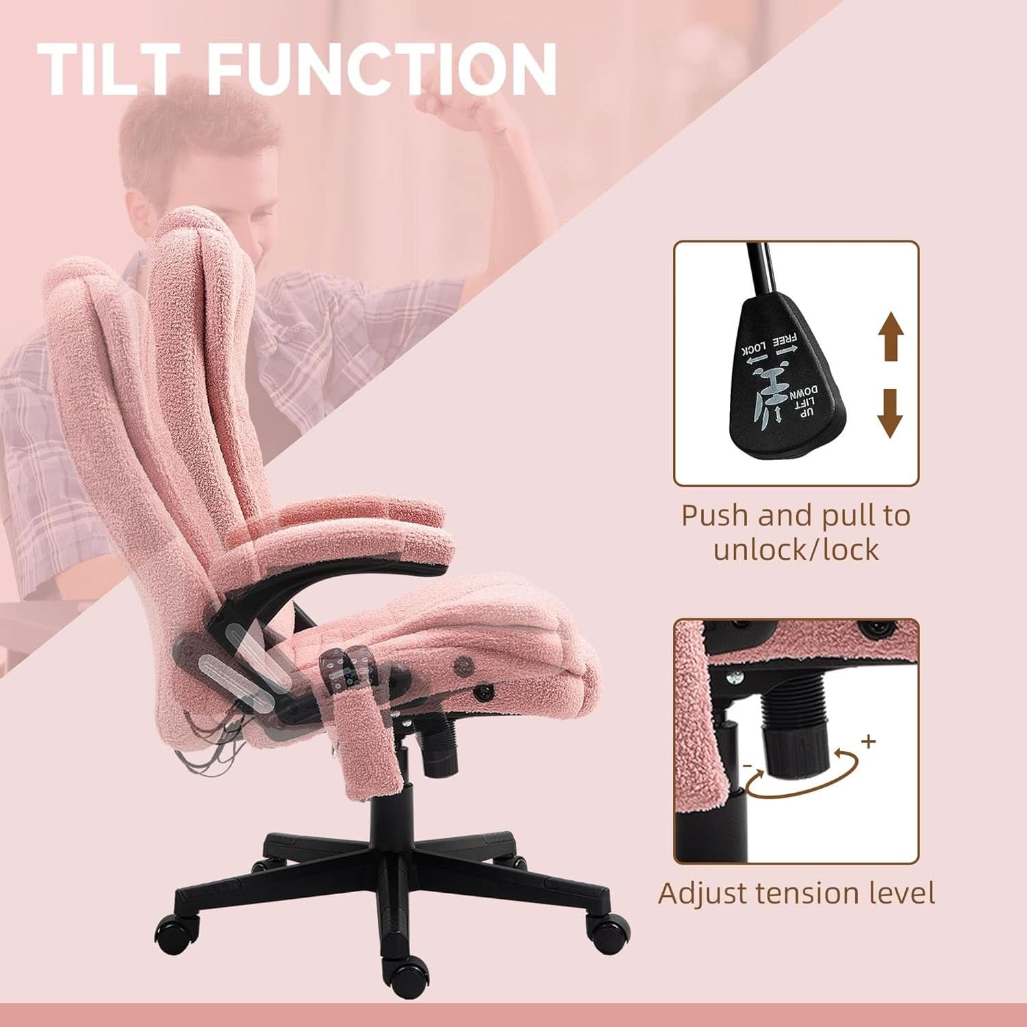 Pink Velvet Heated Massage Office Chair With Reclining Back