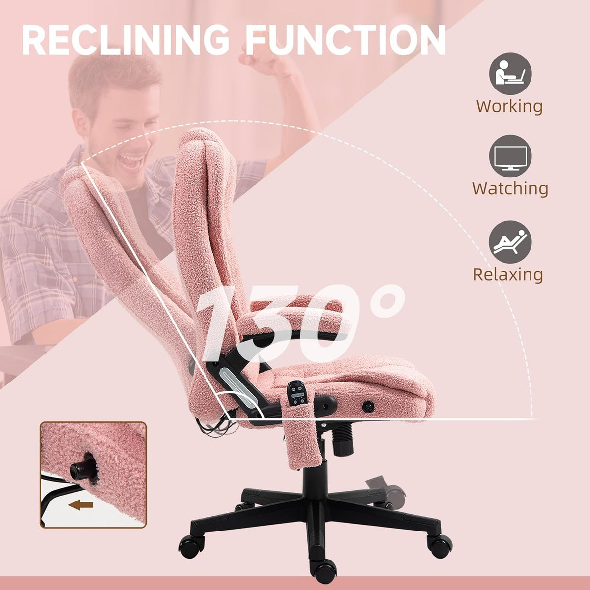 Pink Velvet Heated Massage Office Chair With Reclining Back