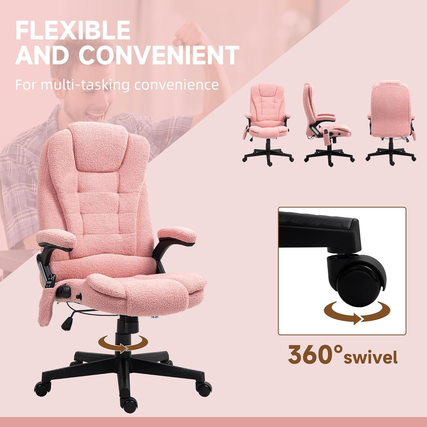 Pink Velvet Heated Massage Office Chair With Reclining Back