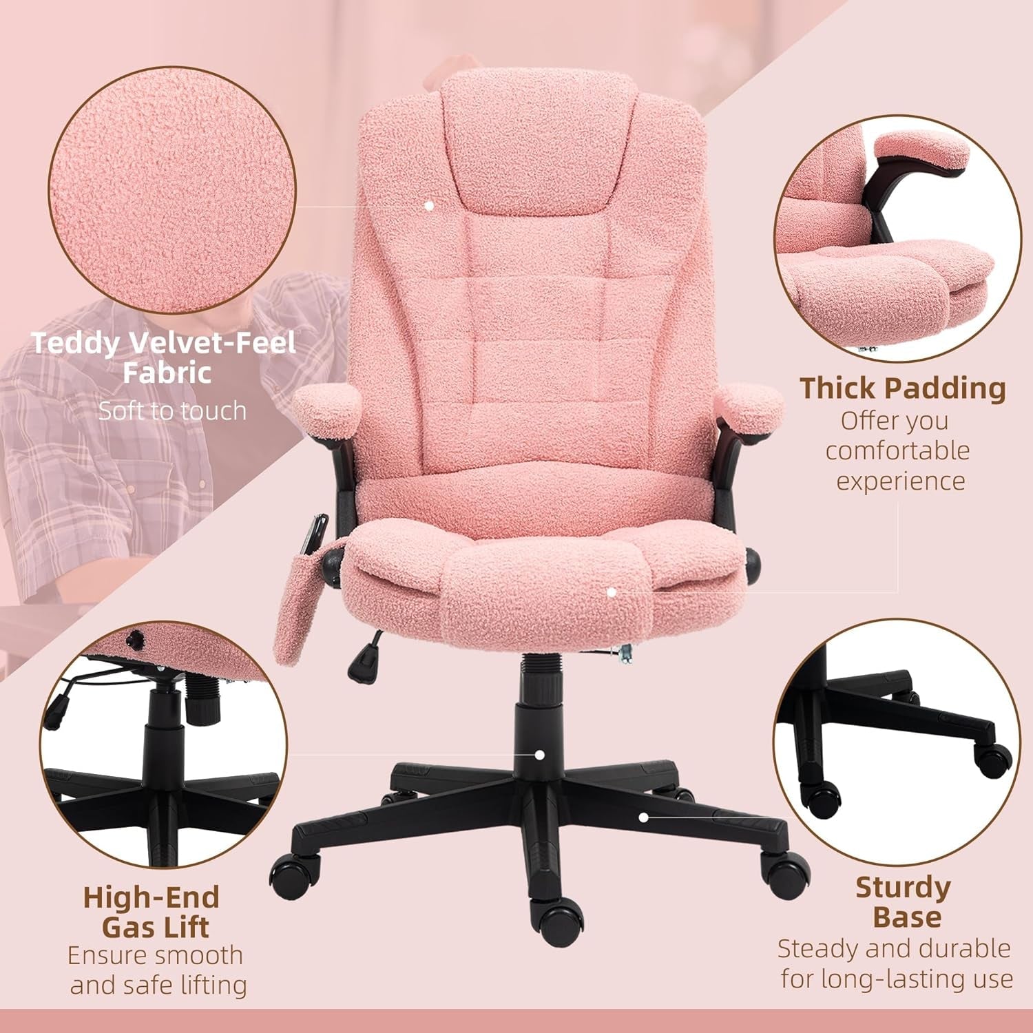 Pink Velvet Heated Massage Office Chair With Reclining Back